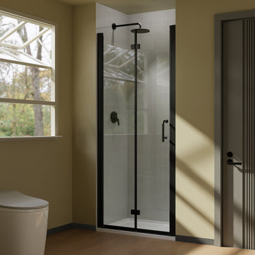 32 To 33 3 8 In. W X 72 In. H Bi Fold Semi Frameless Shower Doors In Matte Black With Clear Glass Black Glass