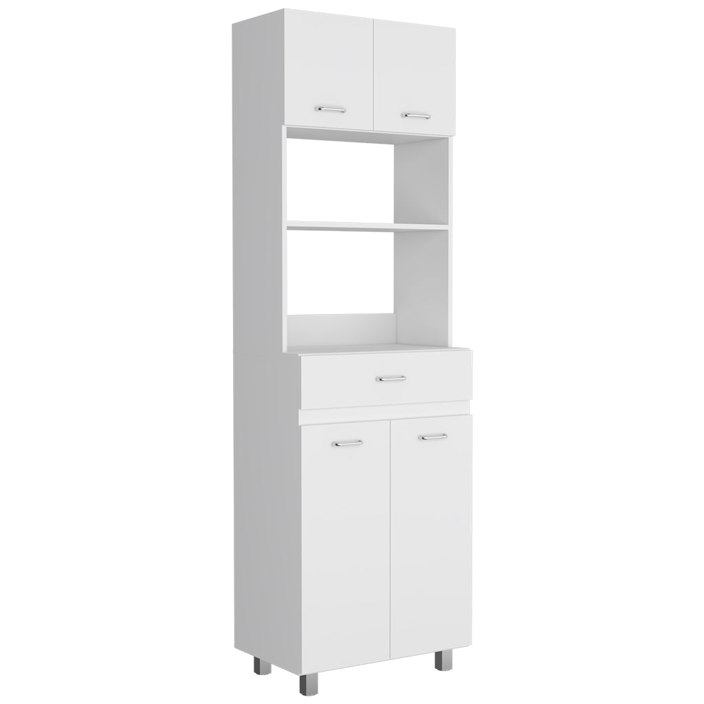 Caribe Microwave Cabinet, Four Legs, One Drawer, Double Door, One Shelf White Freestanding 3 4 Shelves White Kitchen Modern Particle Board Particle Board