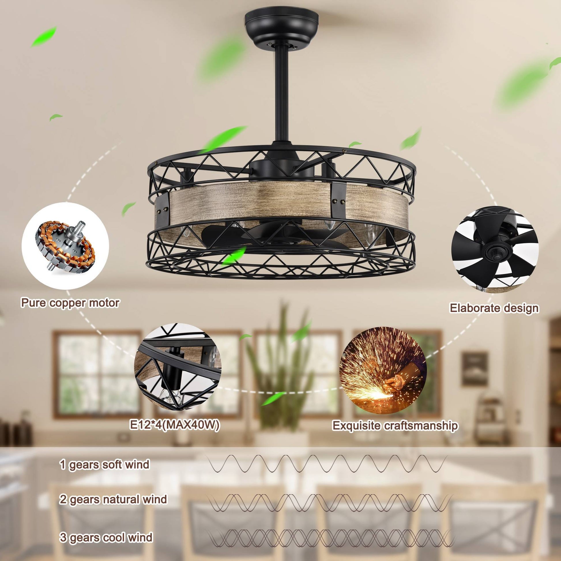 20.5" Caged Ceiling Fan 5 Abs Blades With Remote Control,Timer, 3 Speeds Indoor Ceiling Fan For Farmhouse, Bedroom Living Room, No Include Bulbs Matte Black American Design,Farmhouse,Modern,Traditional,Vintage Abs Metal