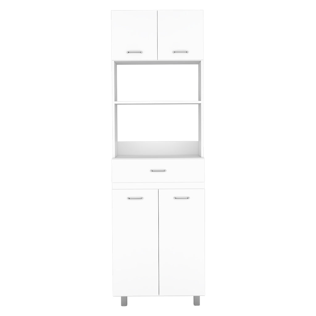 Caribe Microwave Cabinet, Four Legs, One Drawer, Double Door, One Shelf White Freestanding 3 4 Shelves White Kitchen Modern Particle Board Particle Board