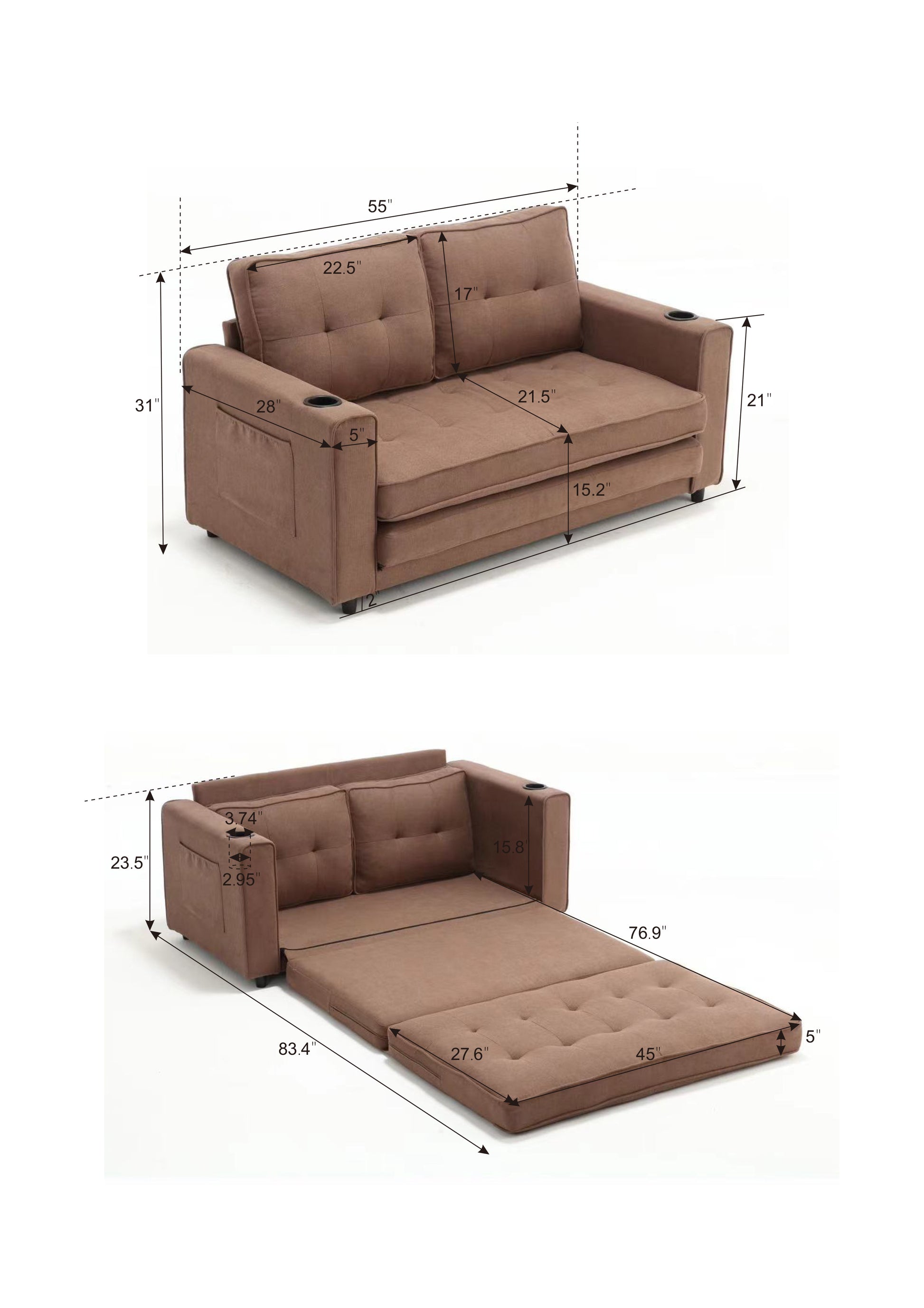 3 In 1 Upholstered Futon Sofa Convertible Floor Sofa Bed,Foldable Tufted Loveseat With Pull Out Sleeper Couch Bed,Folding Mattres Beautiful Seat Daybed W Side Pockets For Living Room, Brown Brown Foam Fabric 2 Seat