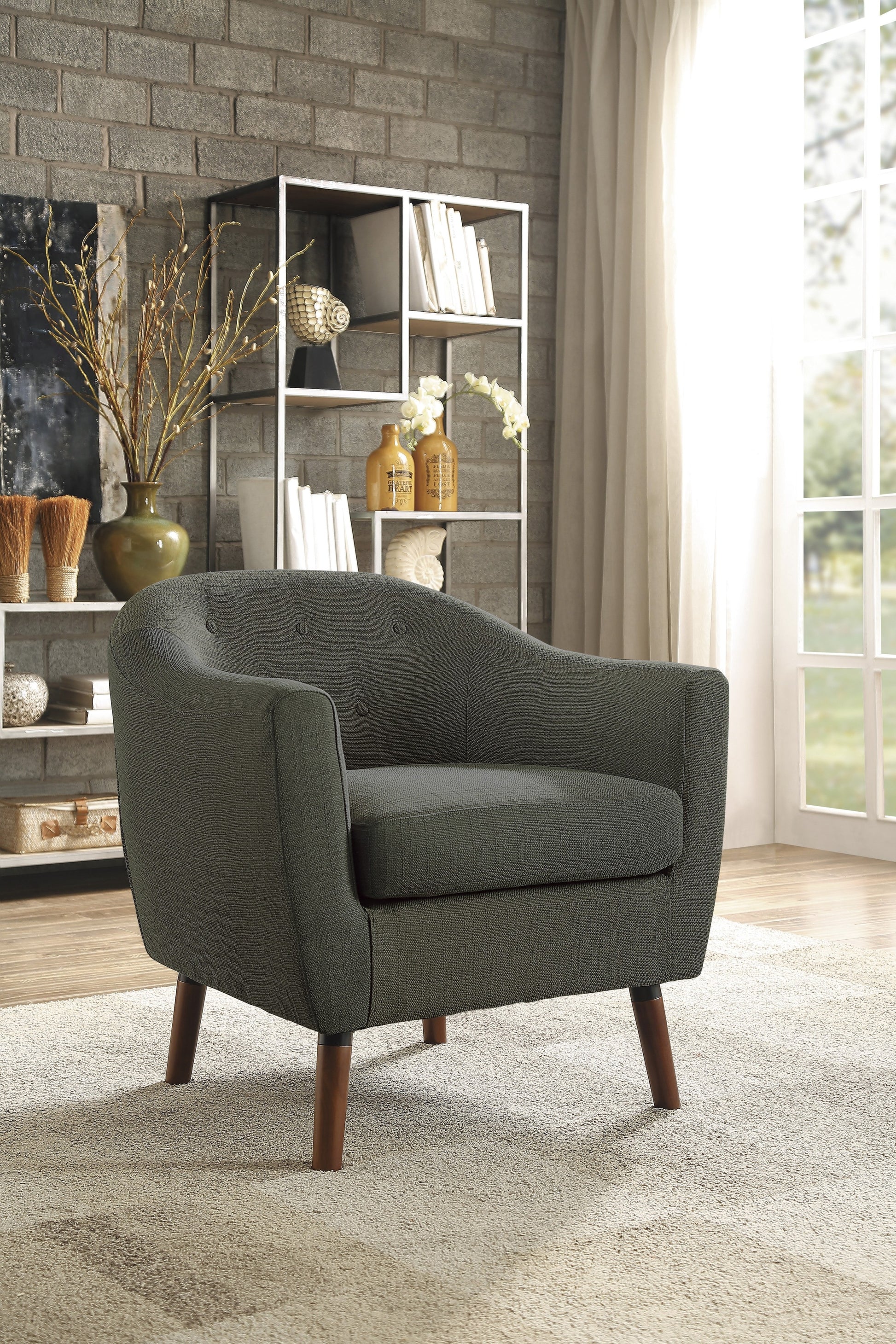 Gray Fabric Upholstered Accent Chair 1Pc Espresso Finish Legs Button Tufted Solid Wood Furniture Living Room Chair Gray Primary Living Space Mid Century Modern,Retro Solid Wood