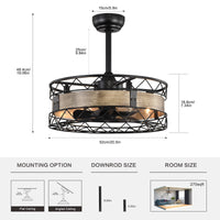 20.5" Caged Ceiling Fan 5 Abs Blades With Remote Control,Timer, 3 Speeds Indoor Ceiling Fan For Farmhouse, Bedroom Living Room, No Include Bulbs Matte Black American Design,Farmhouse,Modern,Traditional,Vintage Abs Metal