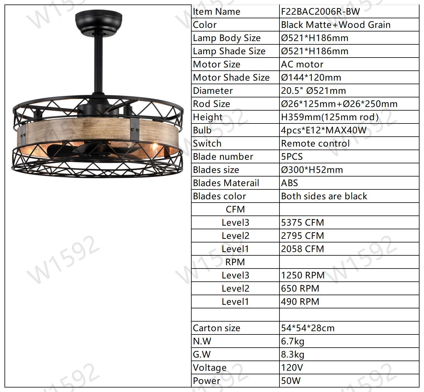 20.5" Caged Ceiling Fan 5 Abs Blades With Remote Control,Timer, 3 Speeds Indoor Ceiling Fan For Farmhouse, Bedroom Living Room, No Include Bulbs Matte Black American Design,Farmhouse,Modern,Traditional,Vintage Abs Metal