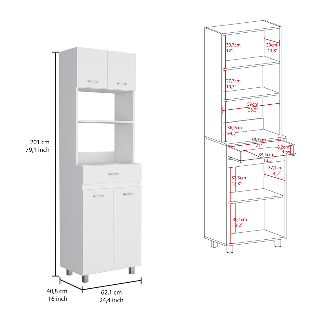 Caribe Microwave Cabinet, Four Legs, One Drawer, Double Door, One Shelf White Freestanding 3 4 Shelves White Kitchen Modern Particle Board Particle Board