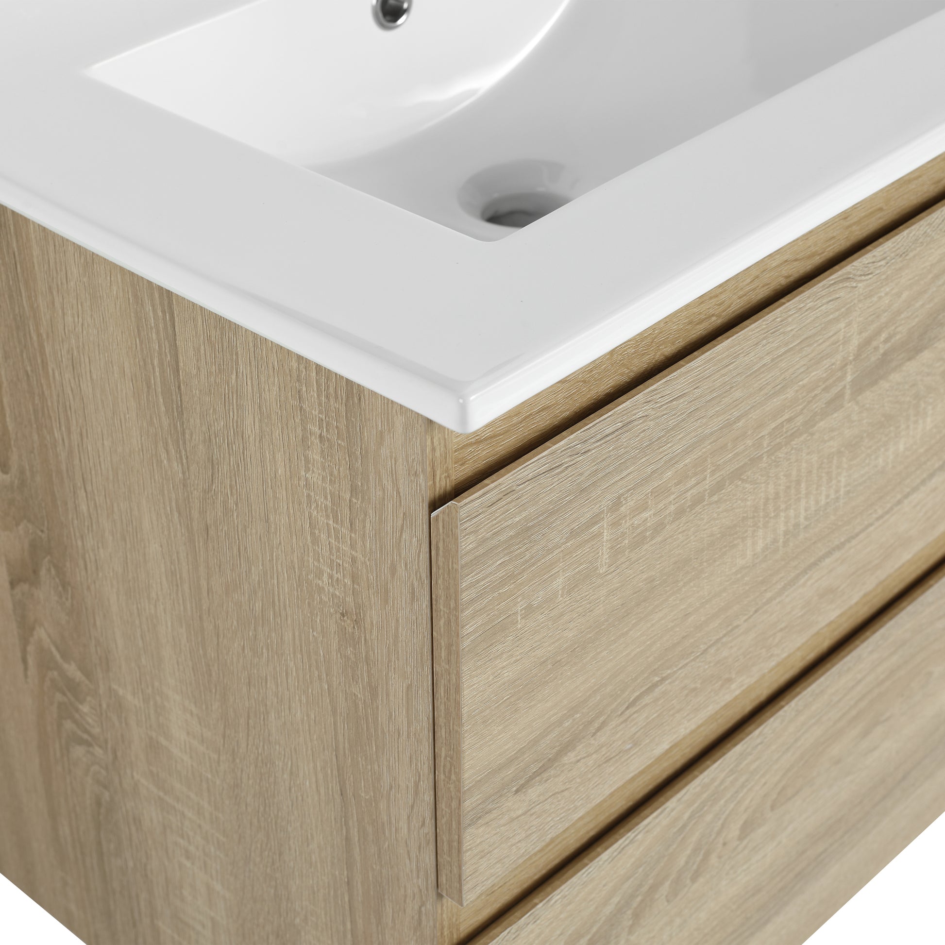 24" Wall Mounted Bathroom Vanity With Ceramic Sink, 2 Soft Close Drawers, Kd Package 2 Light Oak Bathroom Wall Mounted Modern Plywood