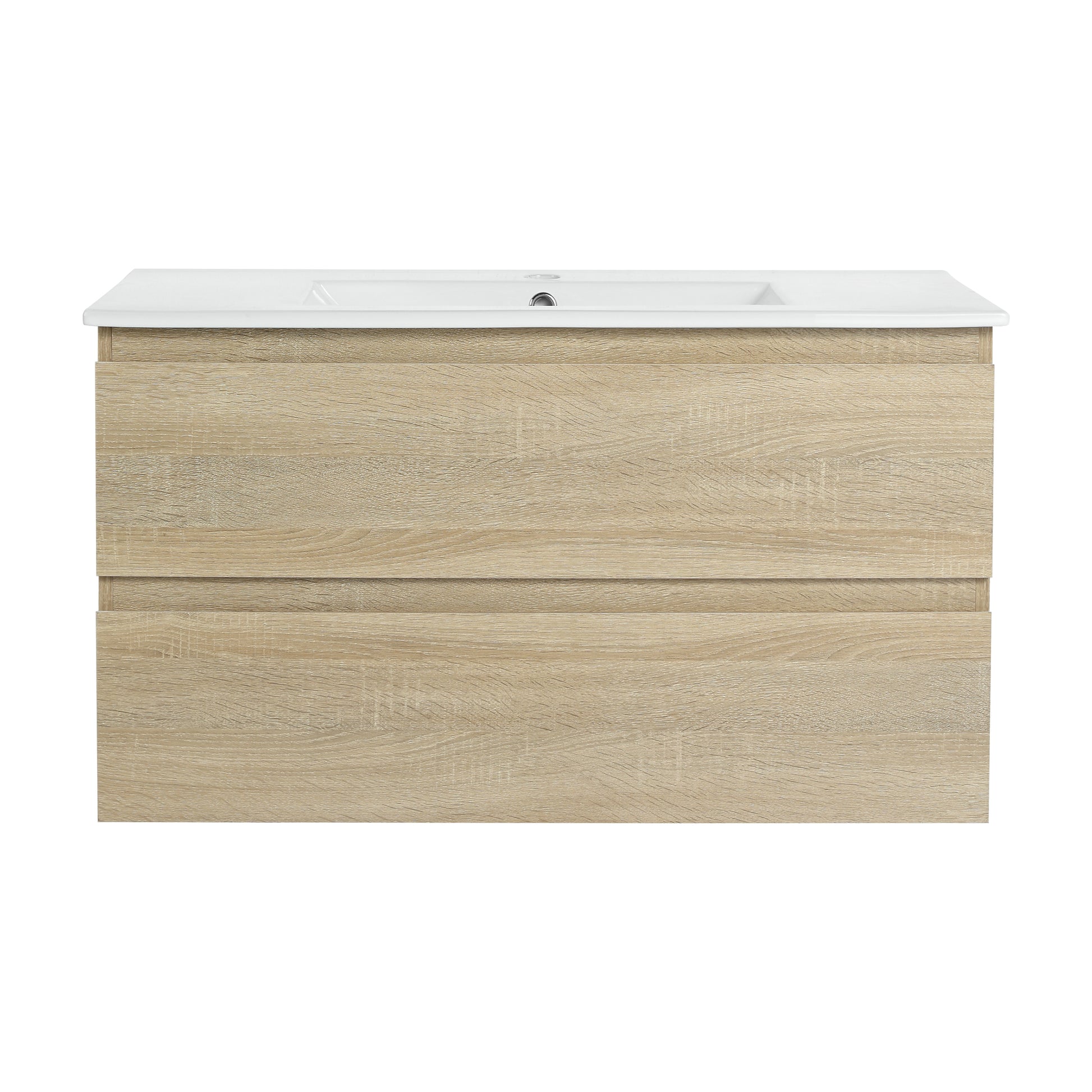 36" Wall Mounted Bathroom Vanity With Ceramic Sink, 2 Soft Close Drawers, Kd Package 2 Light Oak Bathroom Wall Mounted Modern Plywood