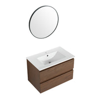 30" Wall Mounted Bathroom Vanity With Ceramic Sink, 2 Soft Close Drawers, Kd Package 2 Brown Oak Bathroom Wall Mounted Modern Plywood