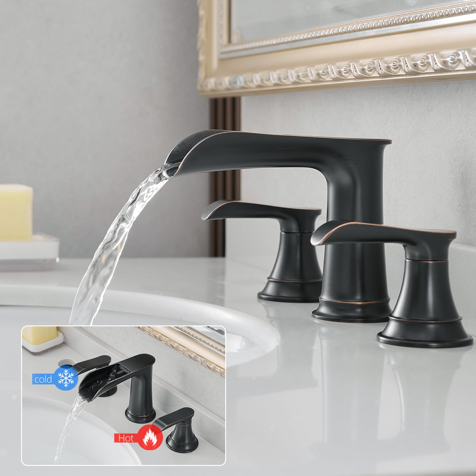 Bathroom Faucets For Sink 3 Hole Orb 8 Inch Widespread Bathroom Sink Faucet With Pop Up Drain Double Lever Handle Faucet Bathroom Vanity Faucet Basin Mixer Tap Faucet With Hose Bathroom Joystick Geometric Two Oil Rubbed Bronze Side Sprayer Deck Mounted