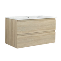 36" Wall Mounted Bathroom Vanity With Ceramic Sink, 2 Soft Close Drawers, Kd Package 2 Light Oak Bathroom Wall Mounted Modern Plywood