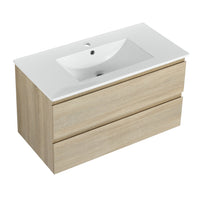 36" Wall Mounted Bathroom Vanity With Ceramic Sink, 2 Soft Close Drawers, Kd Package 2 Light Oak Bathroom Wall Mounted Modern Plywood