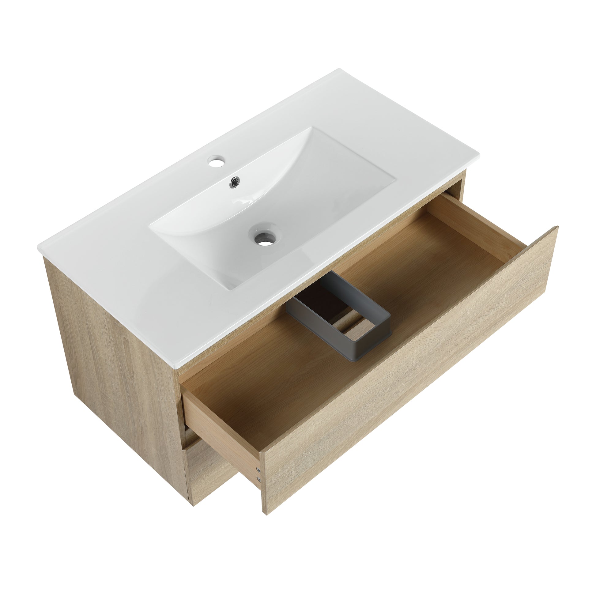 36" Wall Mounted Bathroom Vanity With Ceramic Sink, 2 Soft Close Drawers, Kd Package 2 Light Oak Bathroom Wall Mounted Modern Plywood