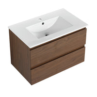 30" Wall Mounted Bathroom Vanity With Ceramic Sink, 2 Soft Close Drawers, Kd Package 2 Brown Oak Bathroom Wall Mounted Modern Plywood