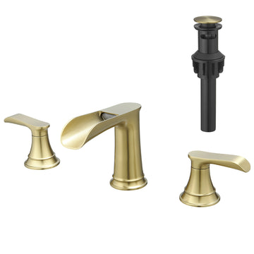 Bathroom Faucets For Sink 3 Hole Nickel Gold 8 Inch Widespread Bathroom Sink Faucet With Pop Up Drain Double Lever Handle Faucet Bathroom Vanity Faucet Basin Mixer Tap Faucet With Hose Bathroom Joystick Geometric Two Brushed Gold Side Sprayer Deck