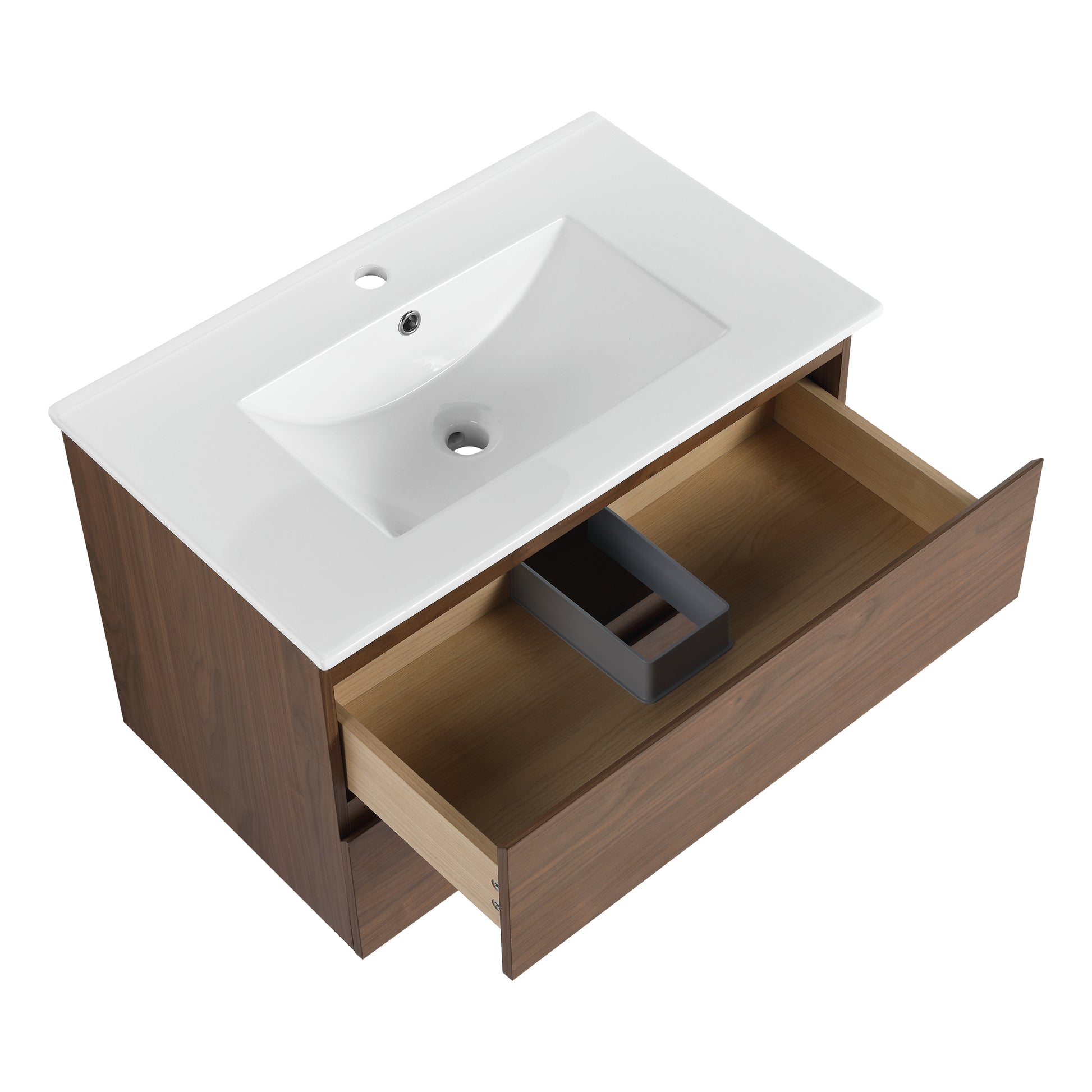 30" Wall Mounted Bathroom Vanity With Ceramic Sink, 2 Soft Close Drawers, Kd Package 2 Brown Oak Bathroom Wall Mounted Modern Plywood