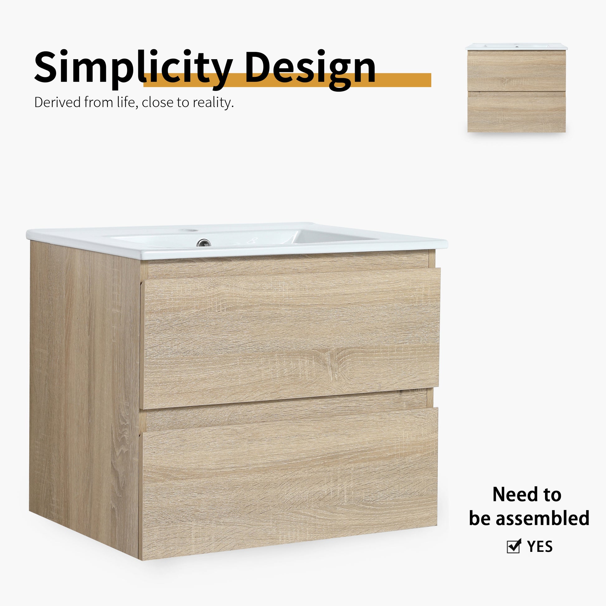 24" Wall Mounted Bathroom Vanity With Ceramic Sink, 2 Soft Close Drawers, Kd Package 2 Light Oak Bathroom Wall Mounted Modern Plywood