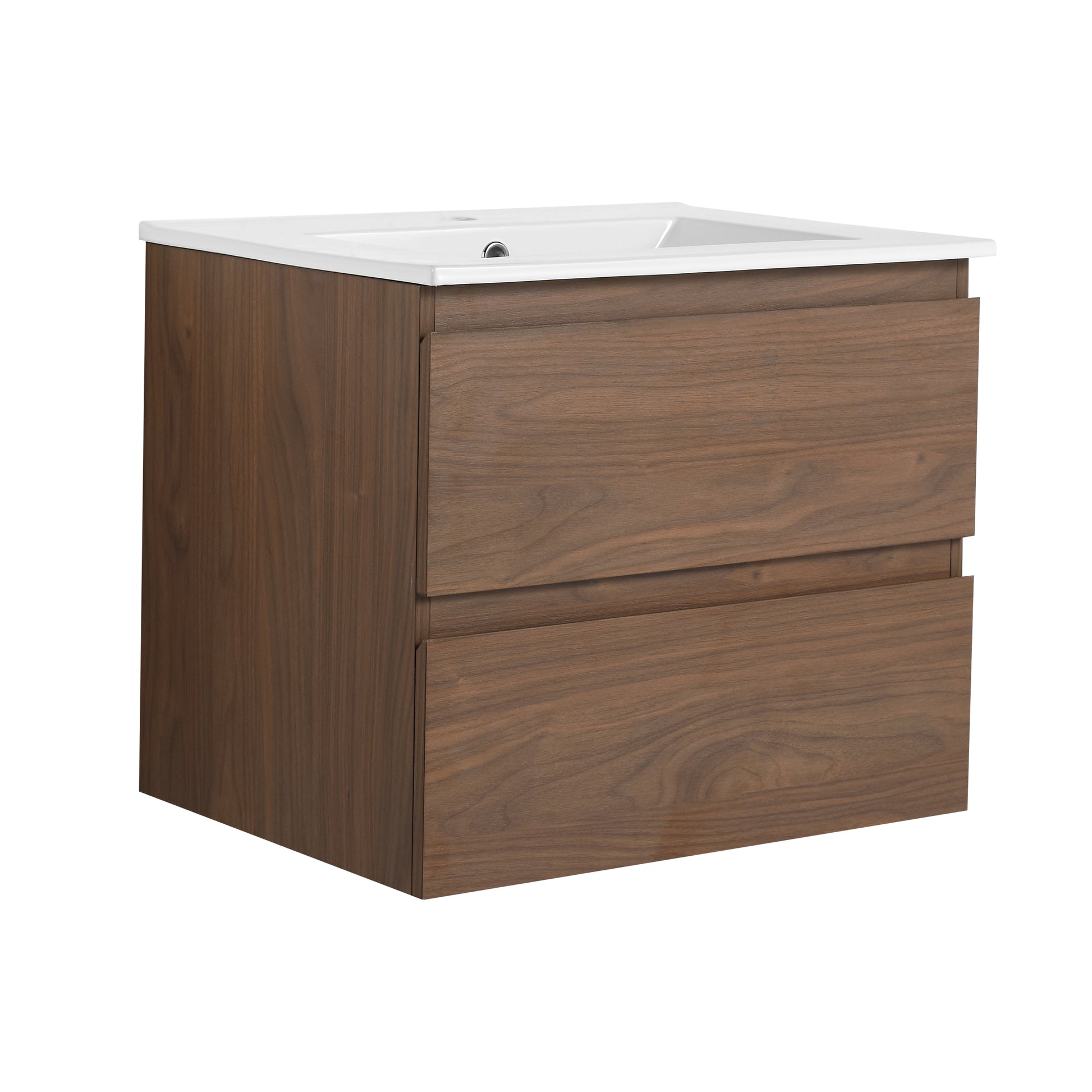 24" Wall Mounted Bathroom Vanity With Ceramic Sink, 2 Soft Close Drawers, Kd Package 2 Brown Oak Bathroom Wall Mounted Modern Plywood