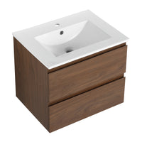 24" Wall Mounted Bathroom Vanity With Ceramic Sink, 2 Soft Close Drawers, Kd Package 2 Brown Oak Bathroom Wall Mounted Modern Plywood