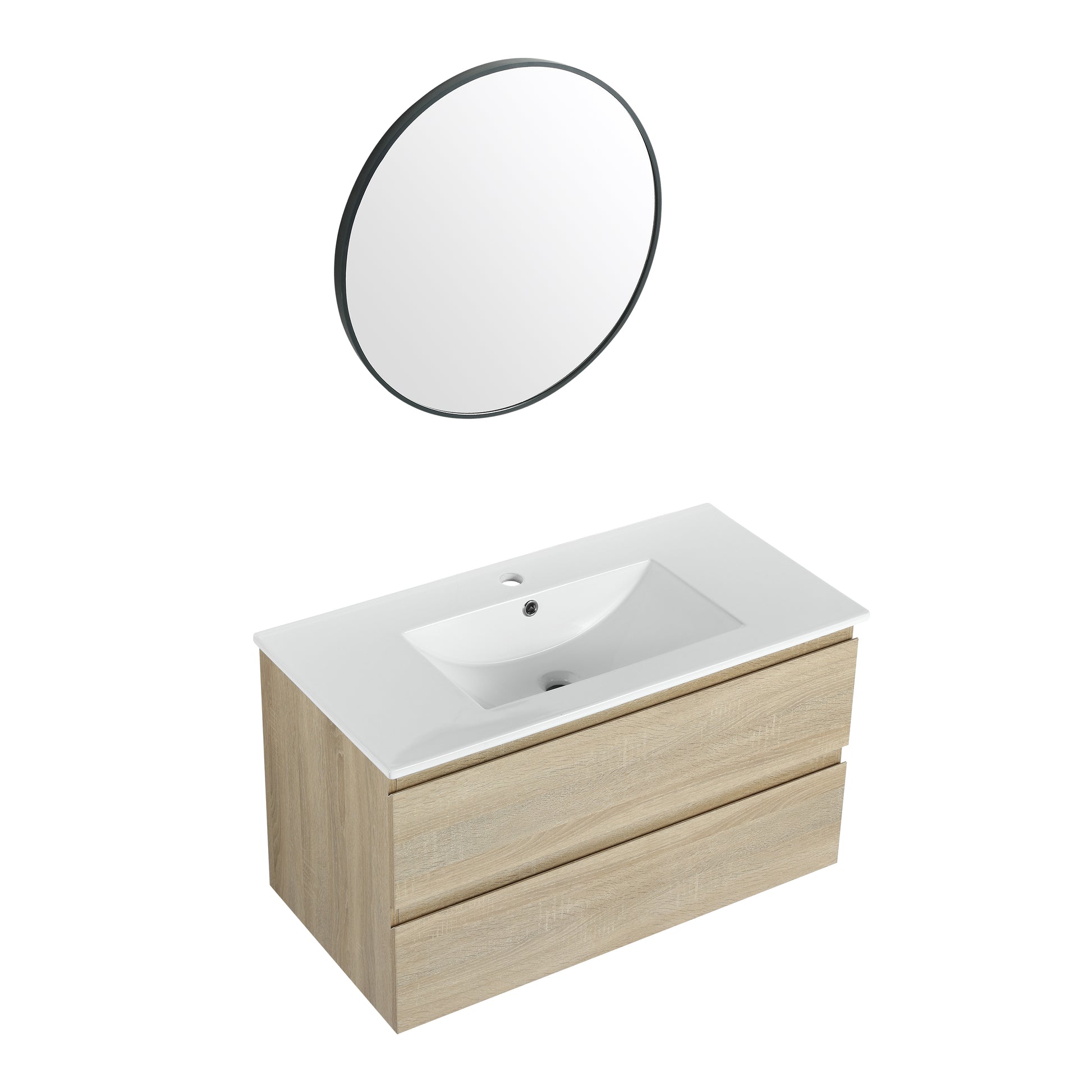 36" Wall Mounted Bathroom Vanity With Ceramic Sink, 2 Soft Close Drawers, Kd Package 2 Light Oak Bathroom Wall Mounted Modern Plywood