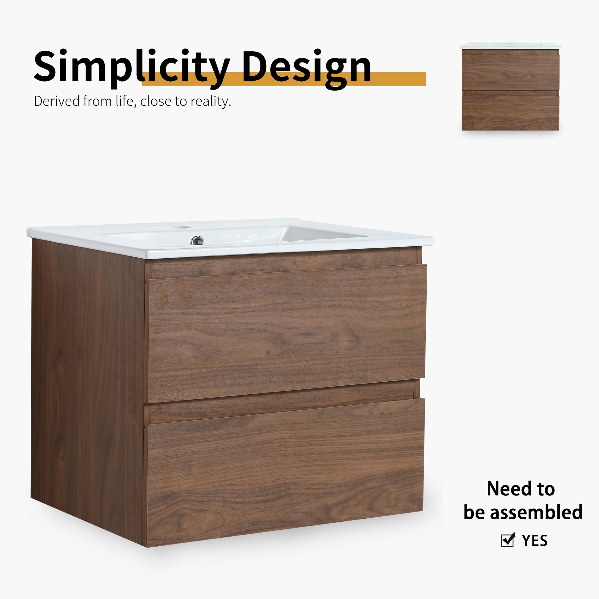 24" Wall Mounted Bathroom Vanity With Ceramic Sink, 2 Soft Close Drawers, Kd Package 2 Brown Oak Bathroom Wall Mounted Modern Plywood