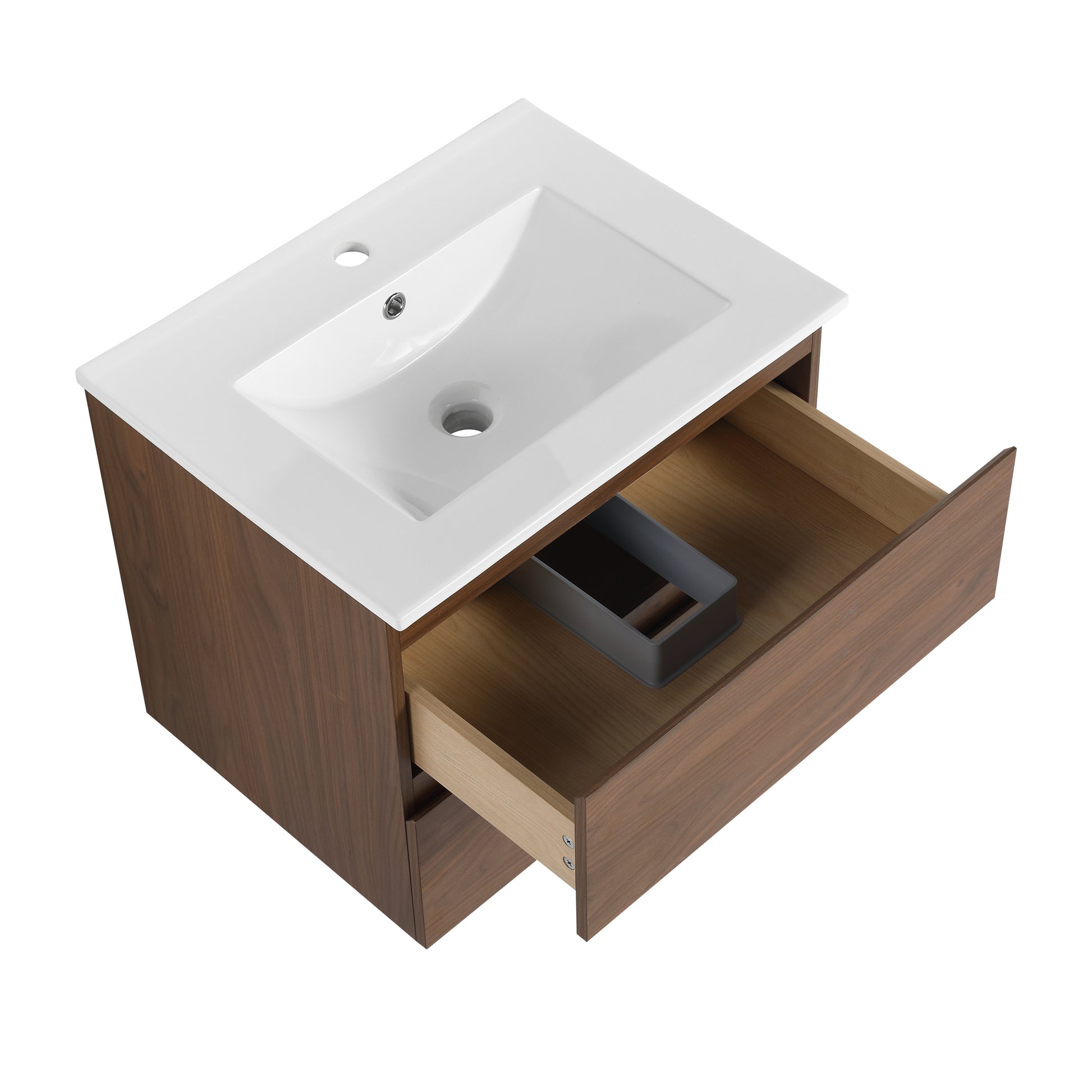 24" Wall Mounted Bathroom Vanity With Ceramic Sink, 2 Soft Close Drawers, Kd Package 2 Brown Oak Bathroom Wall Mounted Modern Plywood