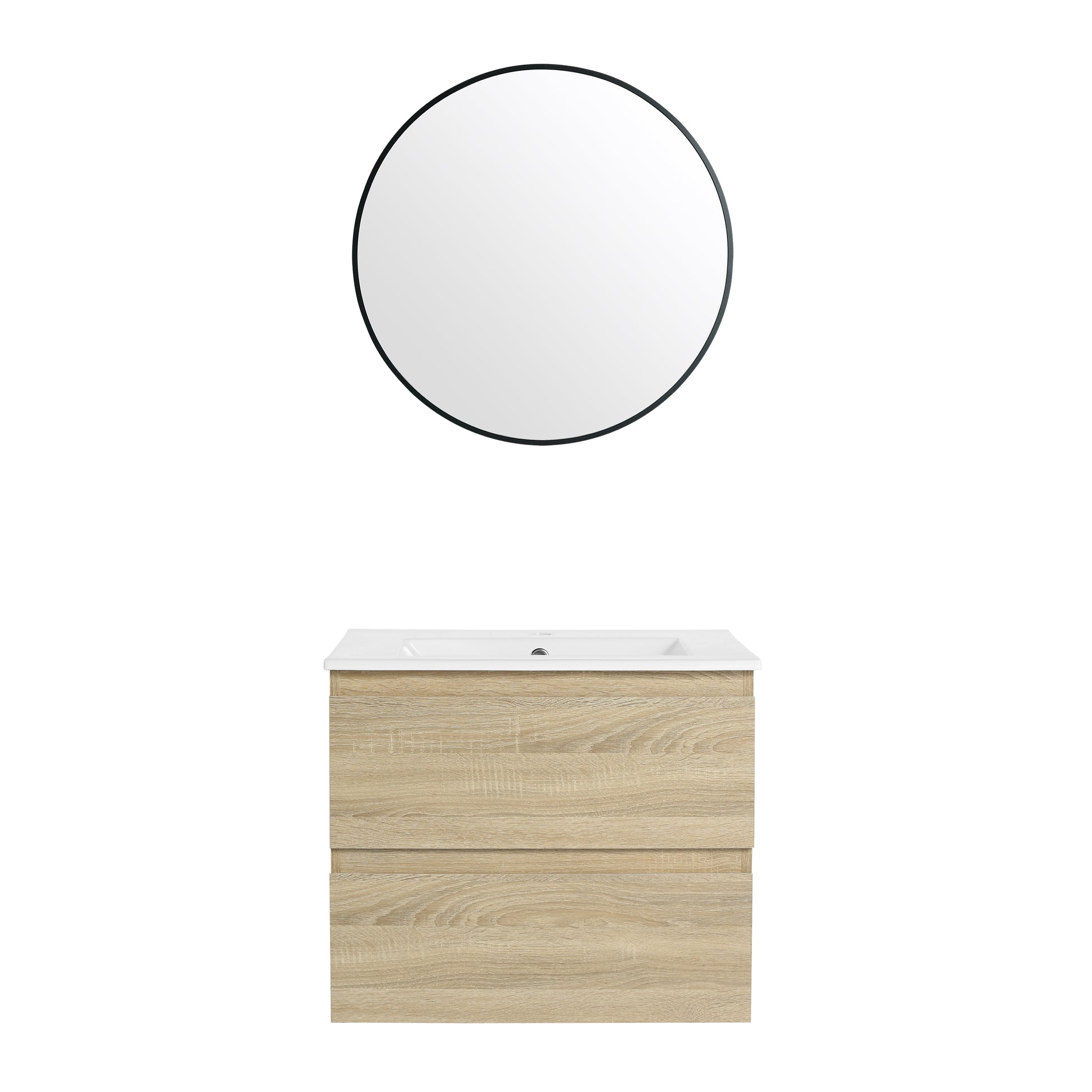 24" Wall Mounted Bathroom Vanity With Ceramic Sink, 2 Soft Close Drawers, Kd Package 2 Light Oak Bathroom Wall Mounted Modern Plywood