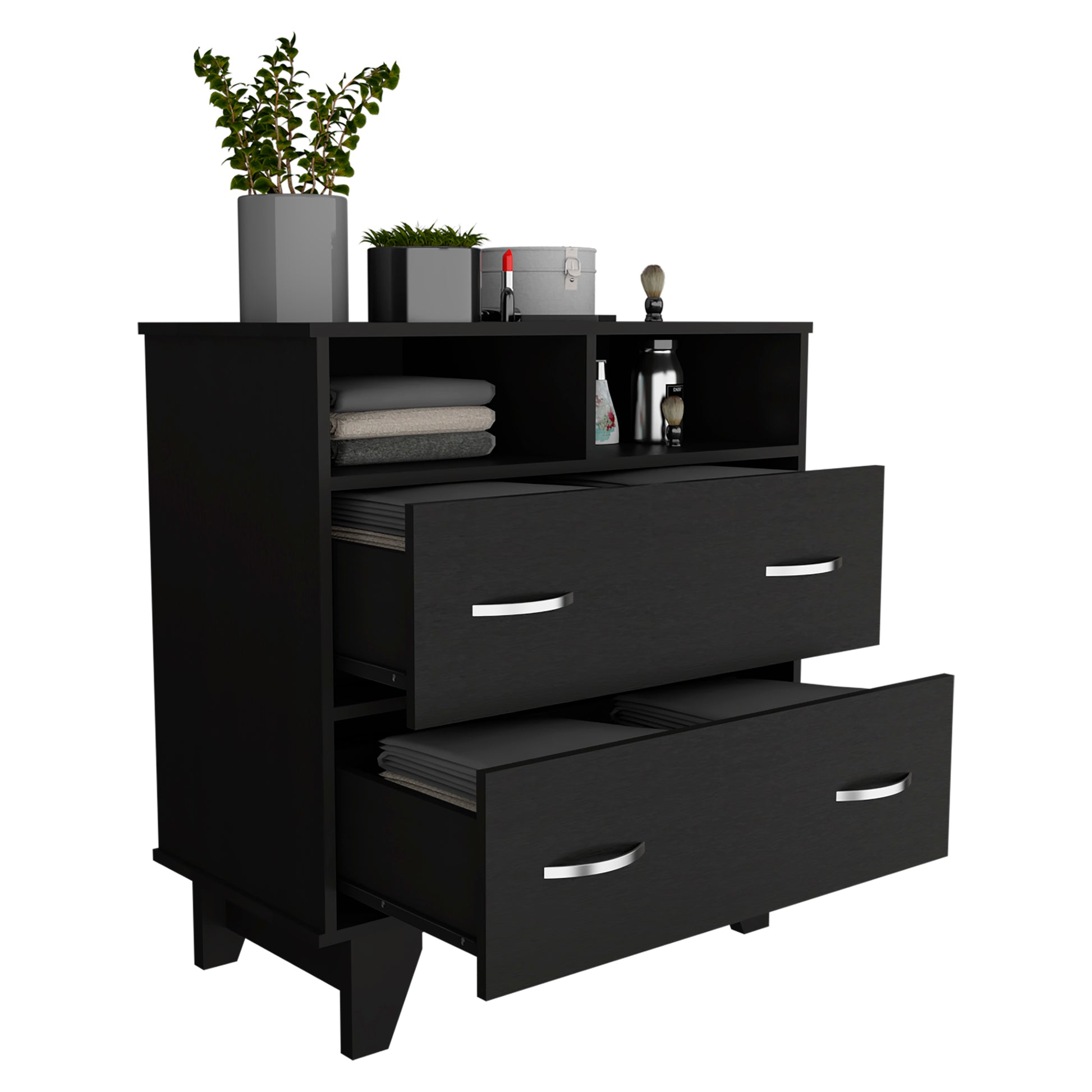 Portanova Two Drawer Dresser, Two Open Shelves, Superior Top, Four Legs Black Black Bedroom Modern Particle Board Particle Board