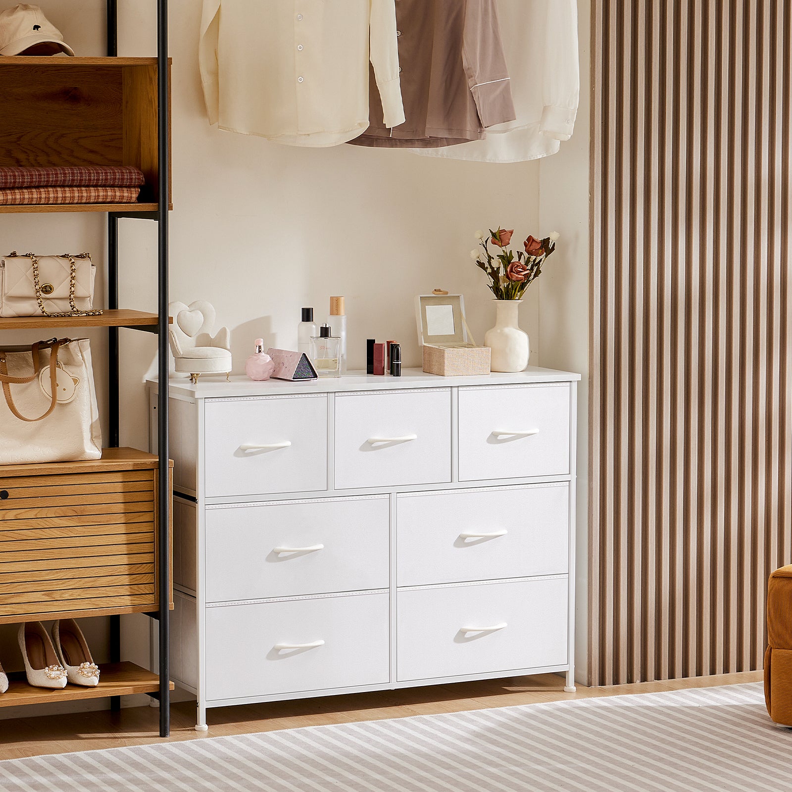 7 Storage Spaces, Assembled Wardrobe Lockers, Bedroom Furniture Lockers,White White Acacia Wood