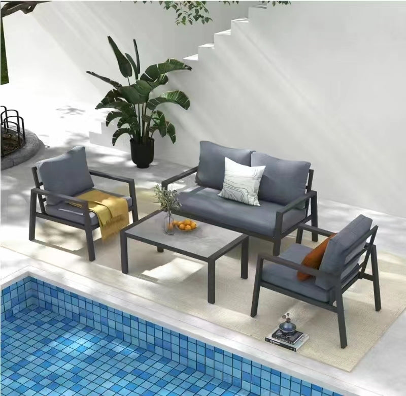 4 Piece Aluminum Outdoor Patio Conversation Set,All Weather Sectional Sofa Outside Furniture With Removable Cushions And Tempered Glass Coffee Table For Courtyard,Poolside,Deck,Balcony Grey Yes Grey Seats 4 Weather Resistant Frame Aluminium