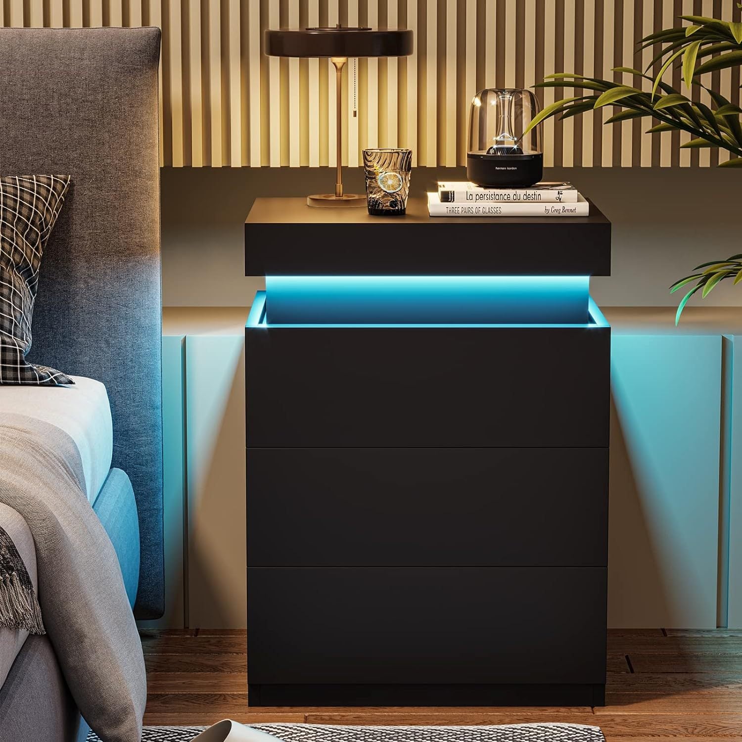 Led Black Nightstand Modern Multi Colour Led Night Table Bedside Tables For Bedroom, Living Room Black Particle Board