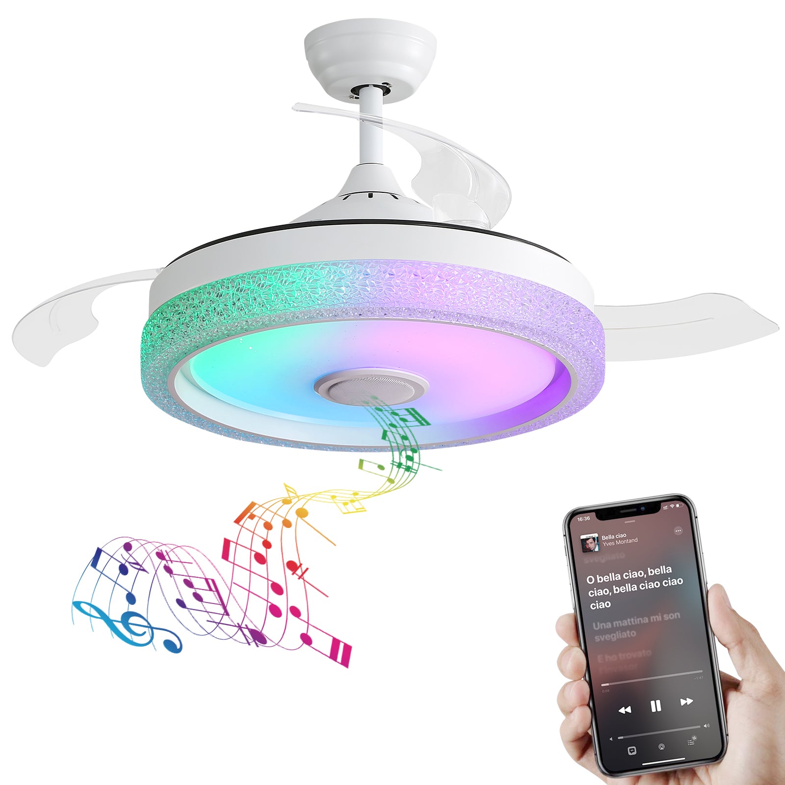 42 Inch Modern Invisible Ceiling Fan, 120V 3 Abs Blades Remote Control Reversible Dc Motor, With 36W Led Light Smart App Control, Past Etl Ceiling Fan White Metal