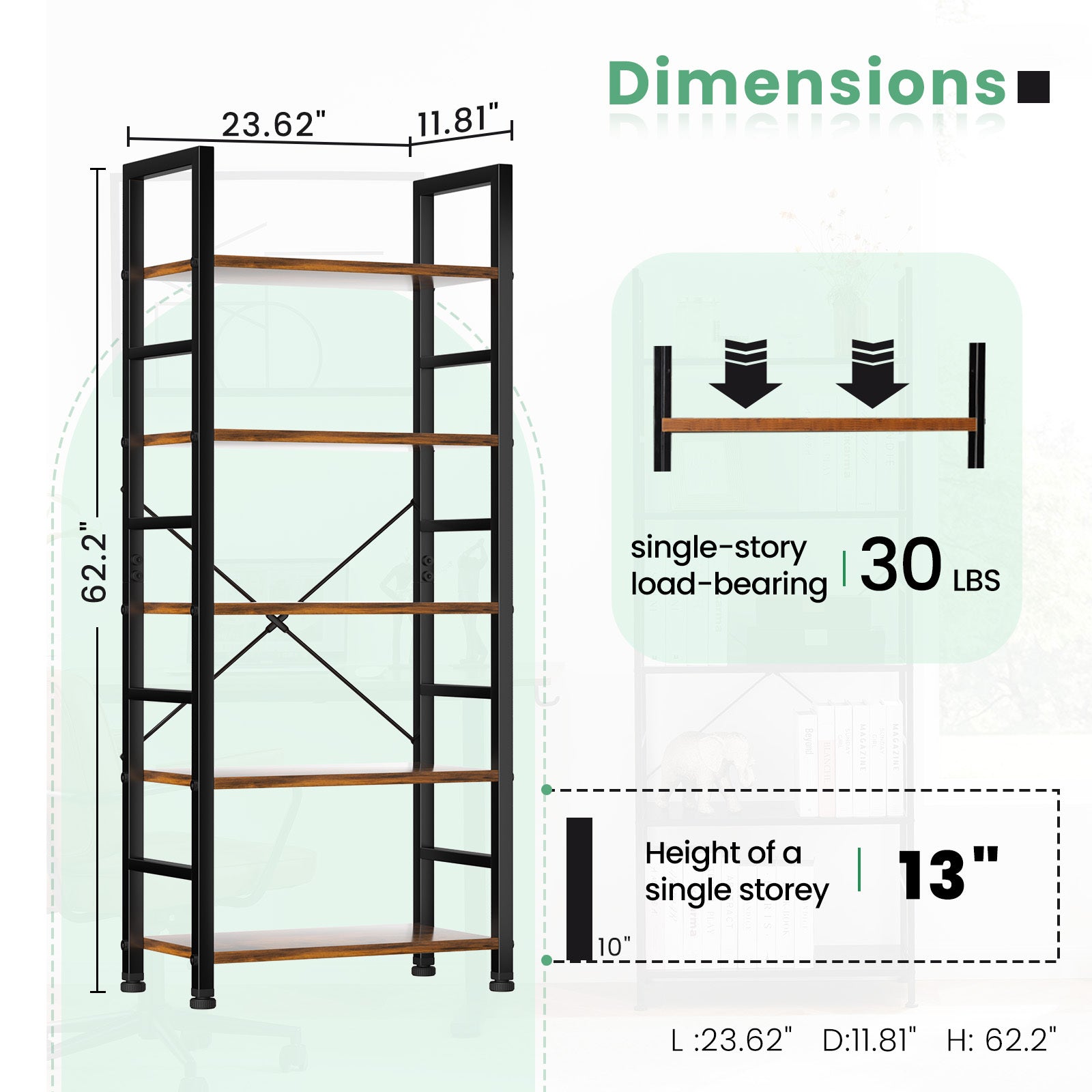 5 Shelves, Home Office And Living Room, Multifunctional Display Stand For Books, Brown Brown Metal & Wood