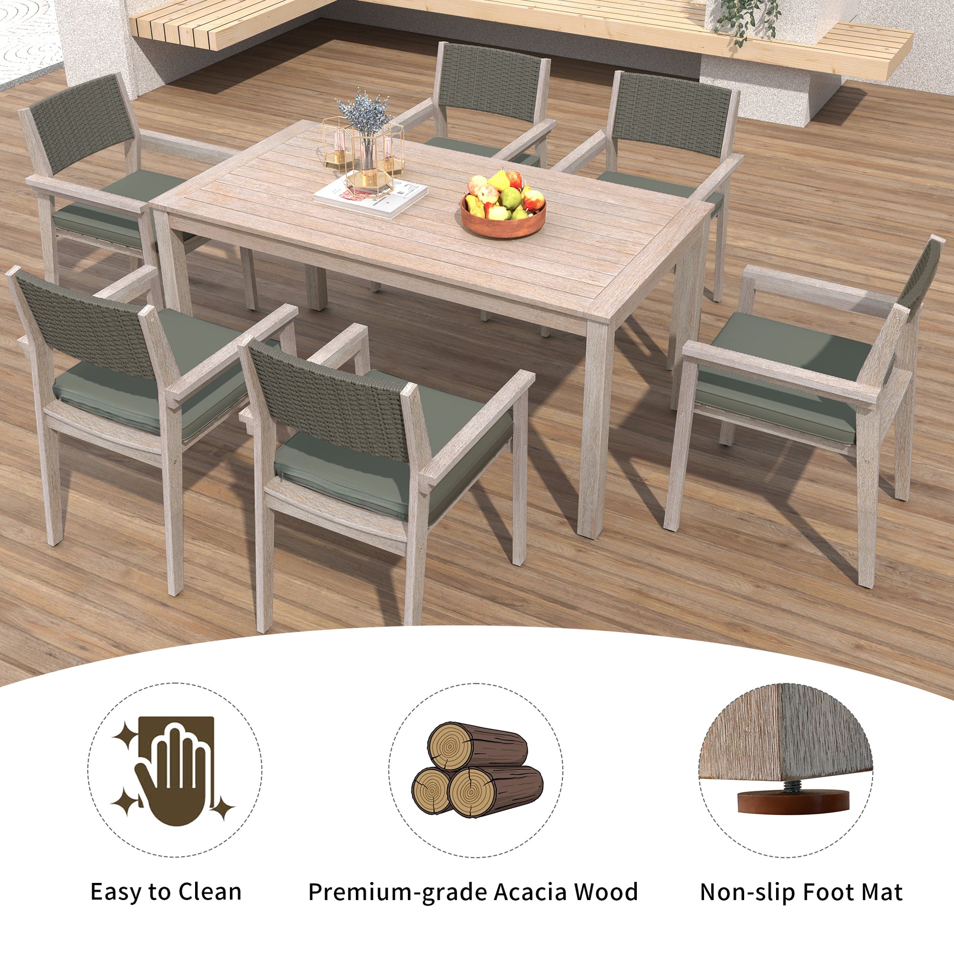 Outdoor Dining Set Patio Dining Table And Chairs With Rattan Backrest And Removable Cushions For Patio And Backyard, White Washed Yes White Washed Water Resistant Frame Water Resistant Cushion Garden & Outdoor Sectional Seating Groups Foam Acacia Wood