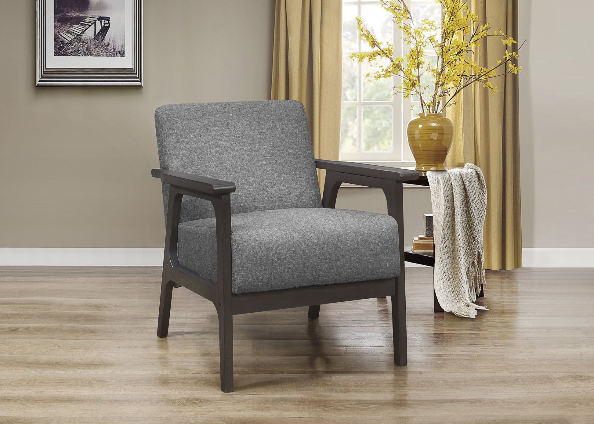 Gray Fabric Upholstered Accent Chair 1Pc Solid Rubberwood Antique Gray Finish Living Room Furniture Gray Primary Living Space Rubberwood Solid Wood