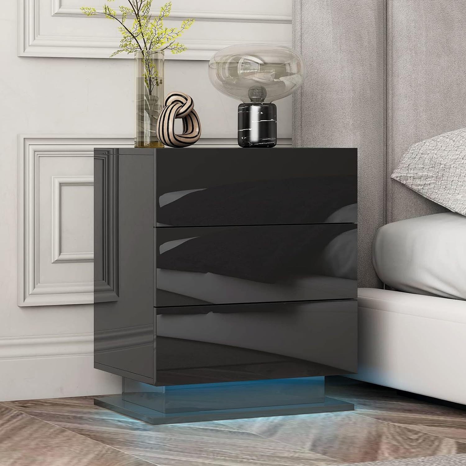 Nightstand With 3 Storage Drawers,Led Lights, End Table For Bedroom Furniture Black Particle Board