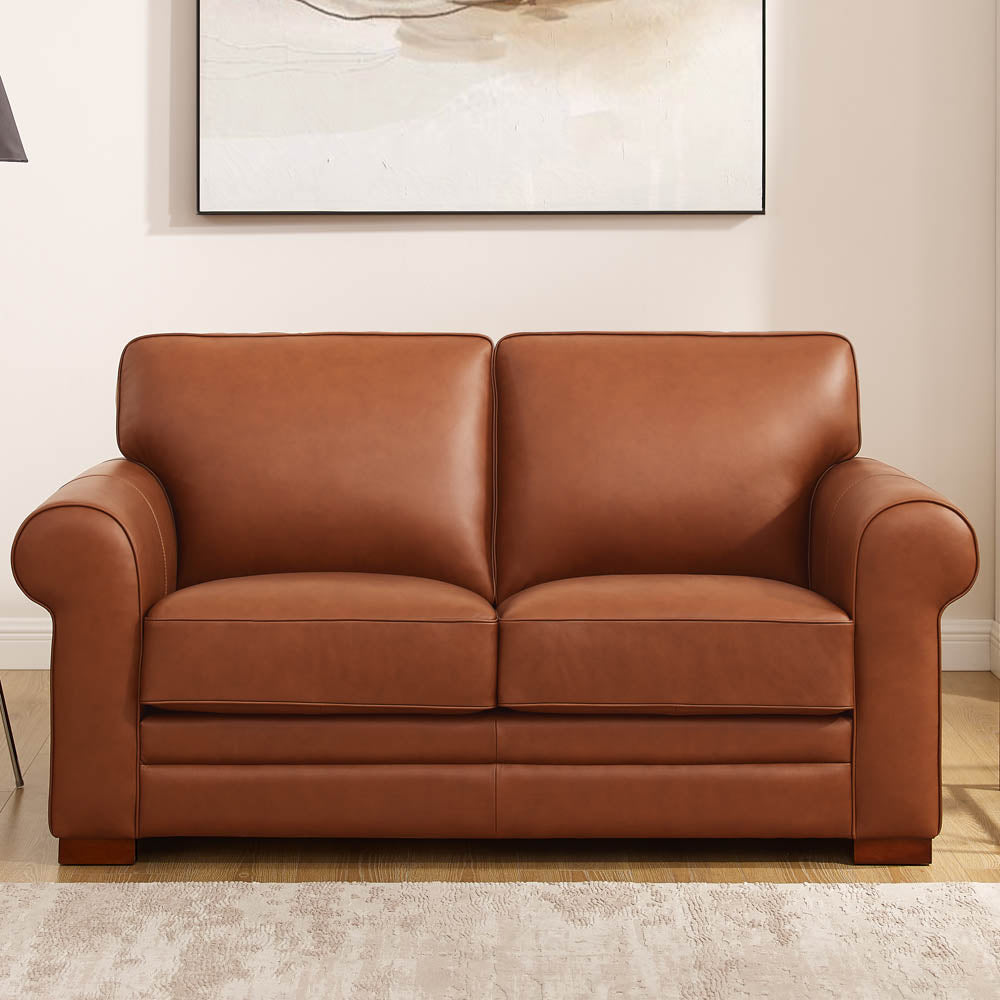 Brookfield Leather Loveseat Brown Genuine Leather Wood Primary Living Space Medium Firm Cushion Back Mid Century Modern Eucalyptus Rolled Arms Down Filling Genuine Leather