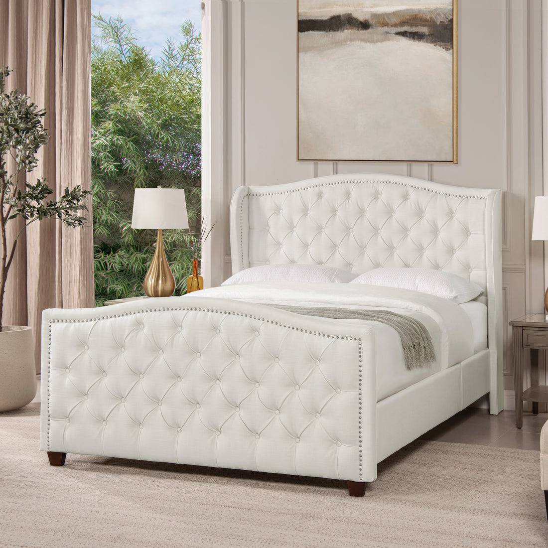 Marcella Upholstered Shelter Headboard Bed Set, Queen, Antique White Polyester Box Spring Required Queen Antique White Wood Foam Polyester Polyester