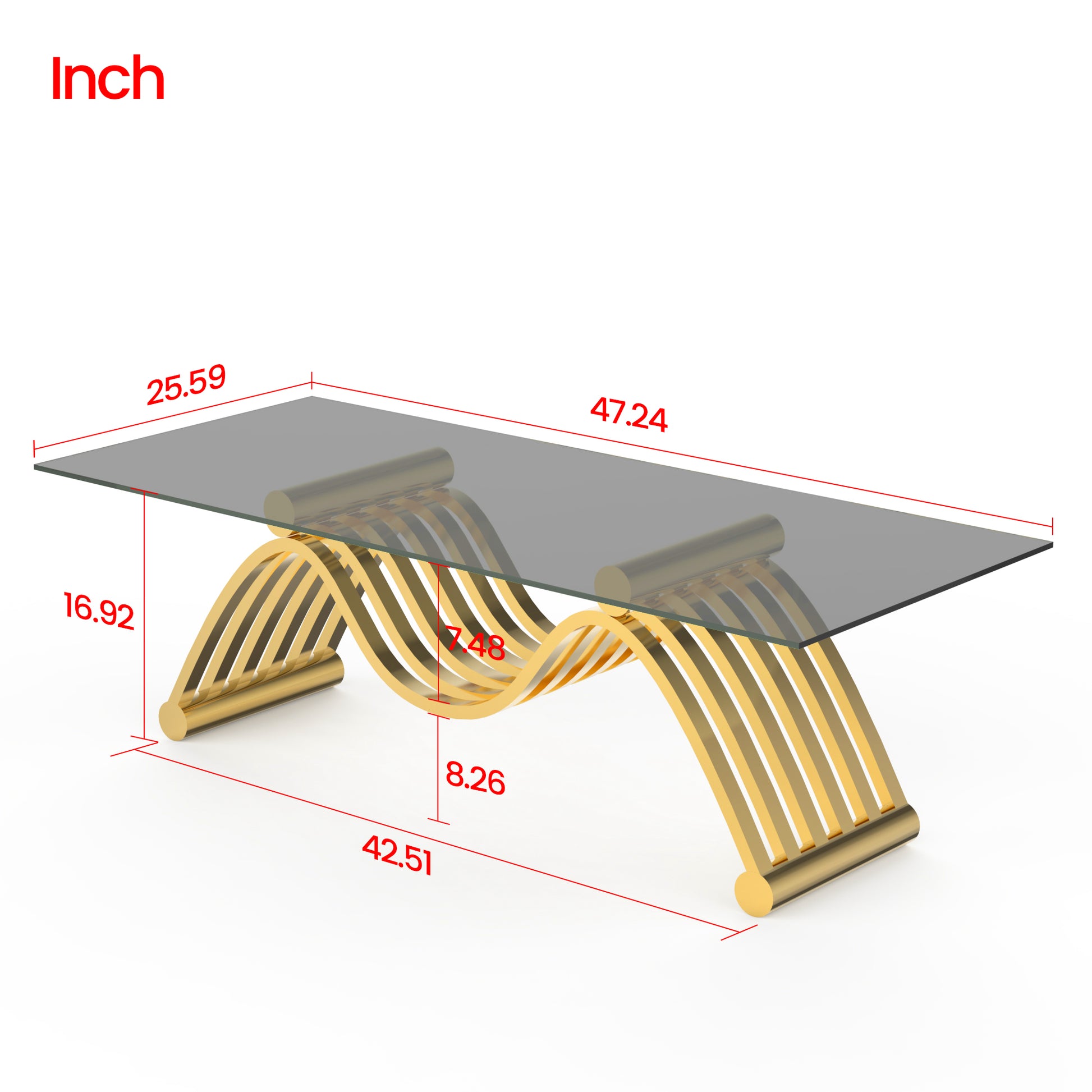 47" Rectangle Modern Stainless Steel Coffee Table, Clear Tempered Glass Coffee Table, Center Table, For Living Room Home Office, Easy Assembly, Gold Clear,Gold Modern Rectangular Stainless