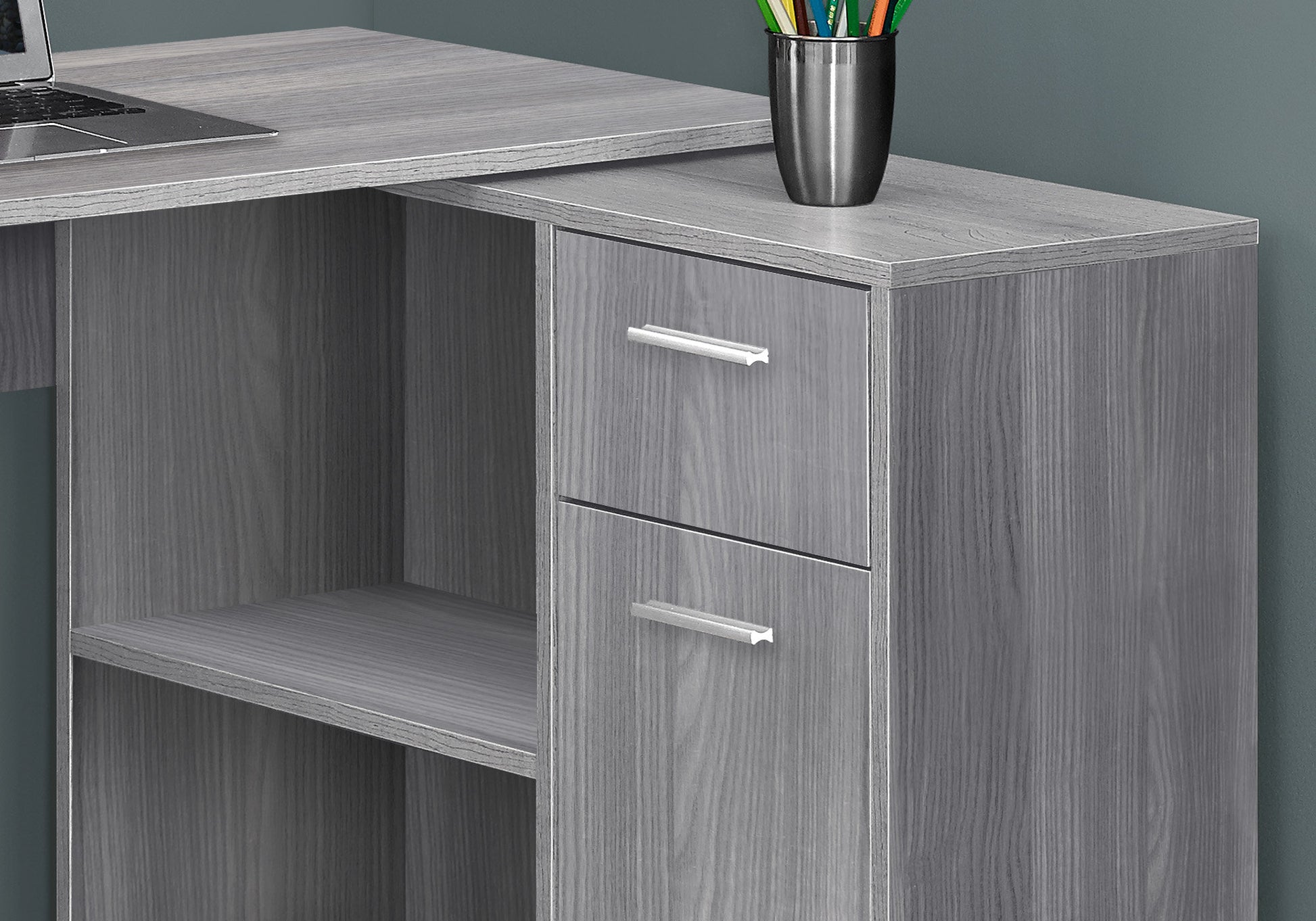 Computer Desk, Home Office, Corner, Storage Drawers, 46"L, L Shape, Work, Laptop, Grey Laminate, Contemporary, Modern Grey Particle Board