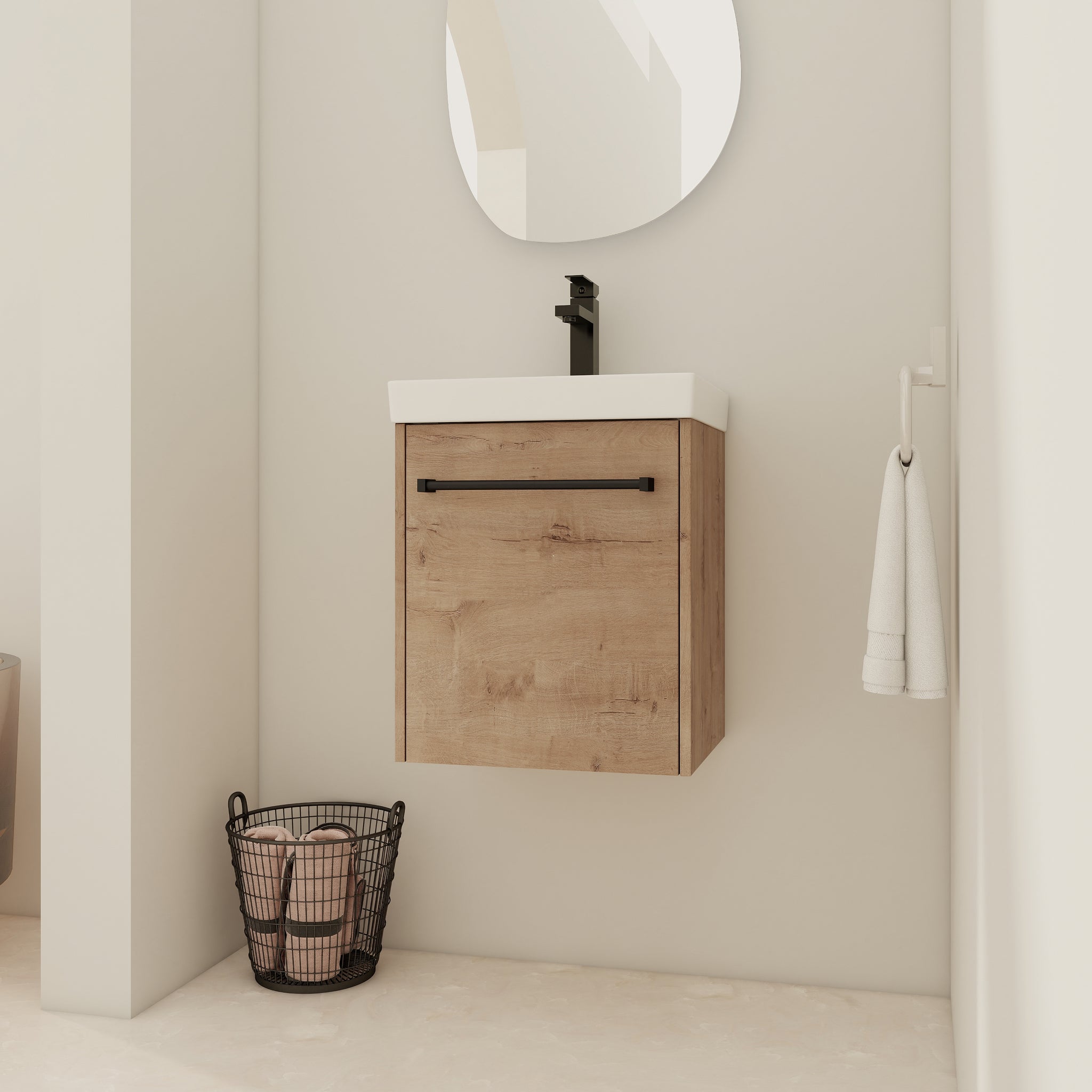 18'' Floating Wall Mounted Bathroom Vanity With Ceramic Sink & Soft Close Cabinet Door, For Small Bathroom Imitative Oak Bathroom Modern Plywood