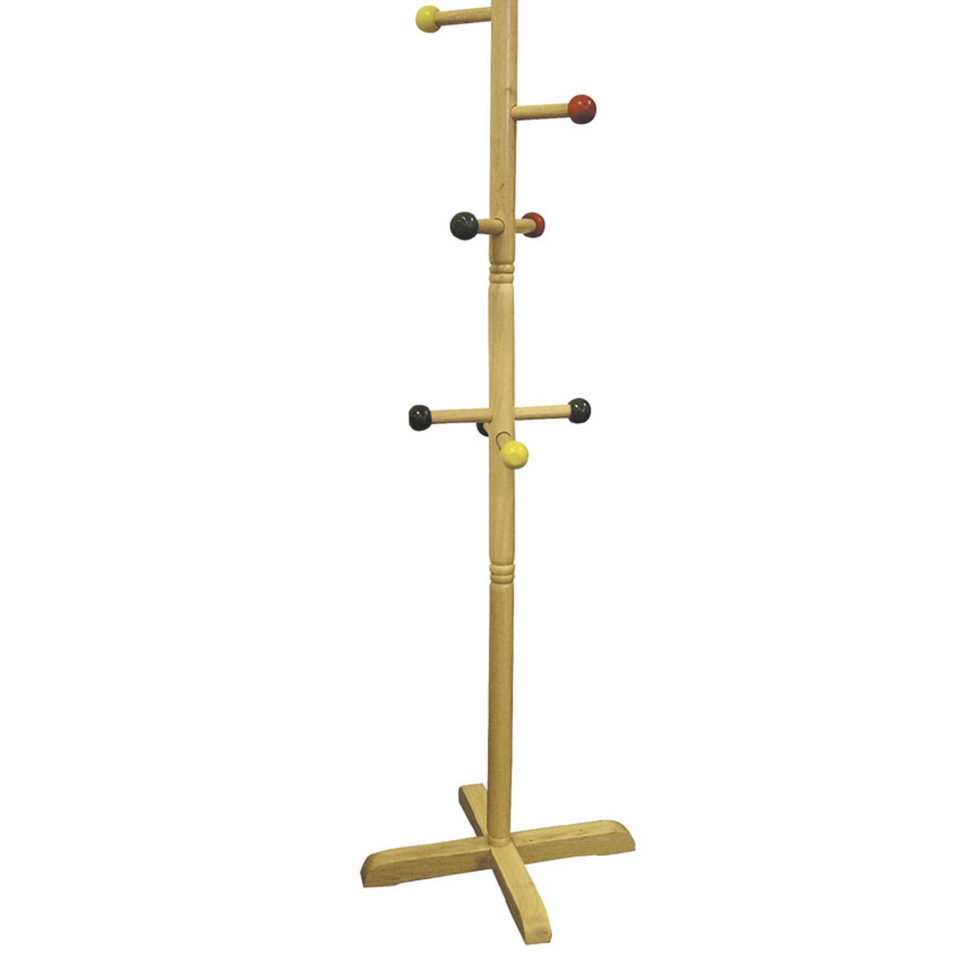 49.5" Tall Wooden Kids Standing Coat Rack, Natural Finish, 8 Colored Pegs Natural Wood