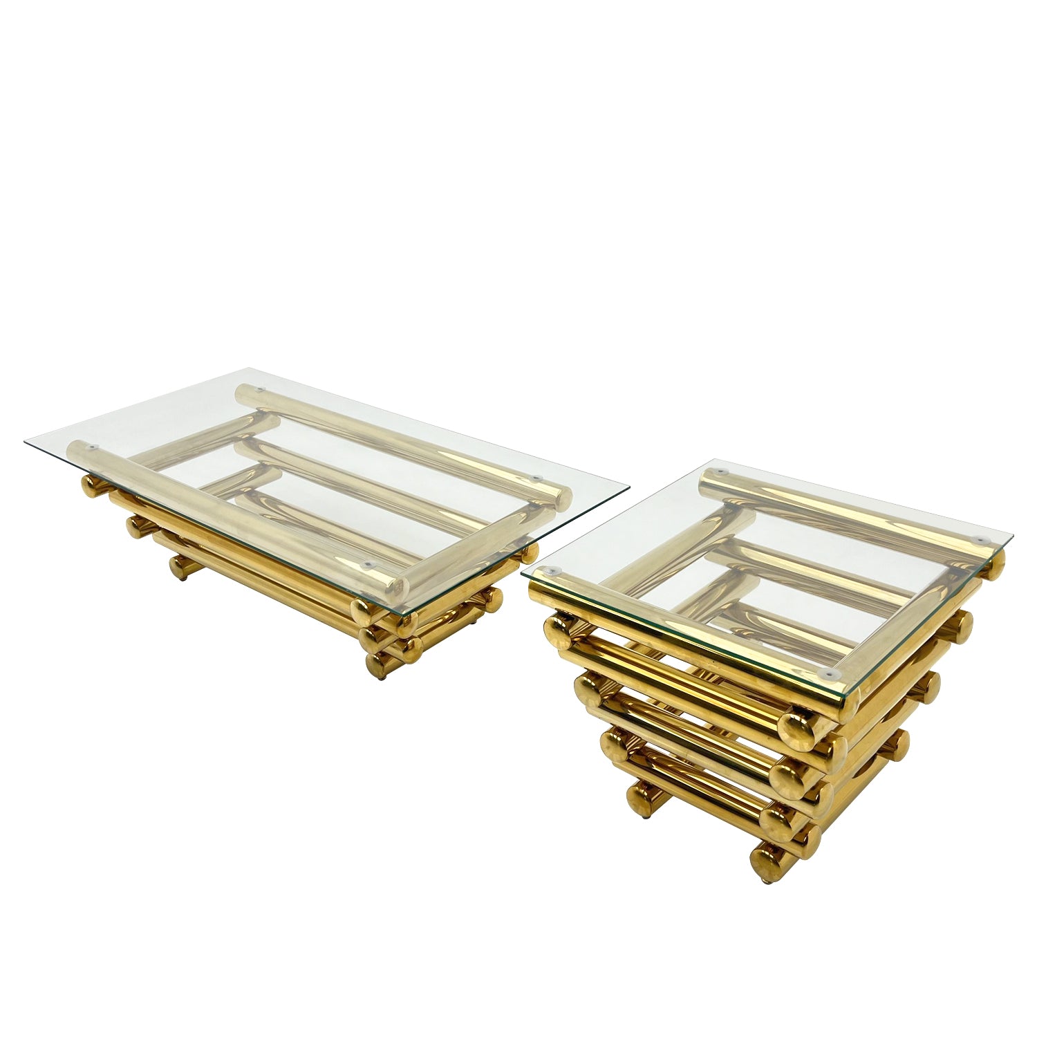 Modern Stainless Steel Coffee Table Set Set Of 2 , Clear Tempered Glass Table Top, Coffee Table & End Side Table 2 Pieces Sets For Living Room, Gold Clear,Gold Modern Open Storage Stainless