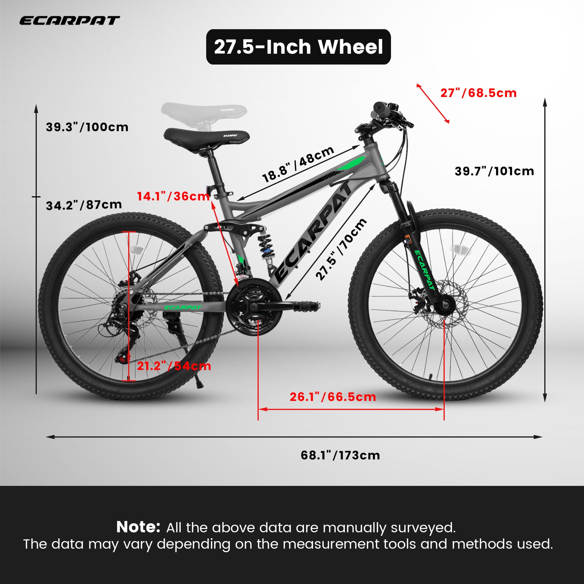 Ecarpat Mountain Bike 27 Inch Wheels, 21 Speed Full Suspension Mens Womens Trail Commuter City Mountain Bike, Carbon Steel Frame Disc Brakes Grip Shifter Front Fork Rear Shock Absorber Bicycles Gray Carbon Steel