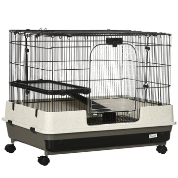 Pawhut 26" Small Animal Cage With Wheels, 2 Level Portable Bunny Cage, Chinchilla Ferret Cage With Removable Tray, Platform And Ramp White Black Iron Plastic