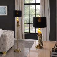 64.5" In Modern Elegance Golden Peacock On A Pedestal Polyresin Floor Lamp Golden Fabric Metal