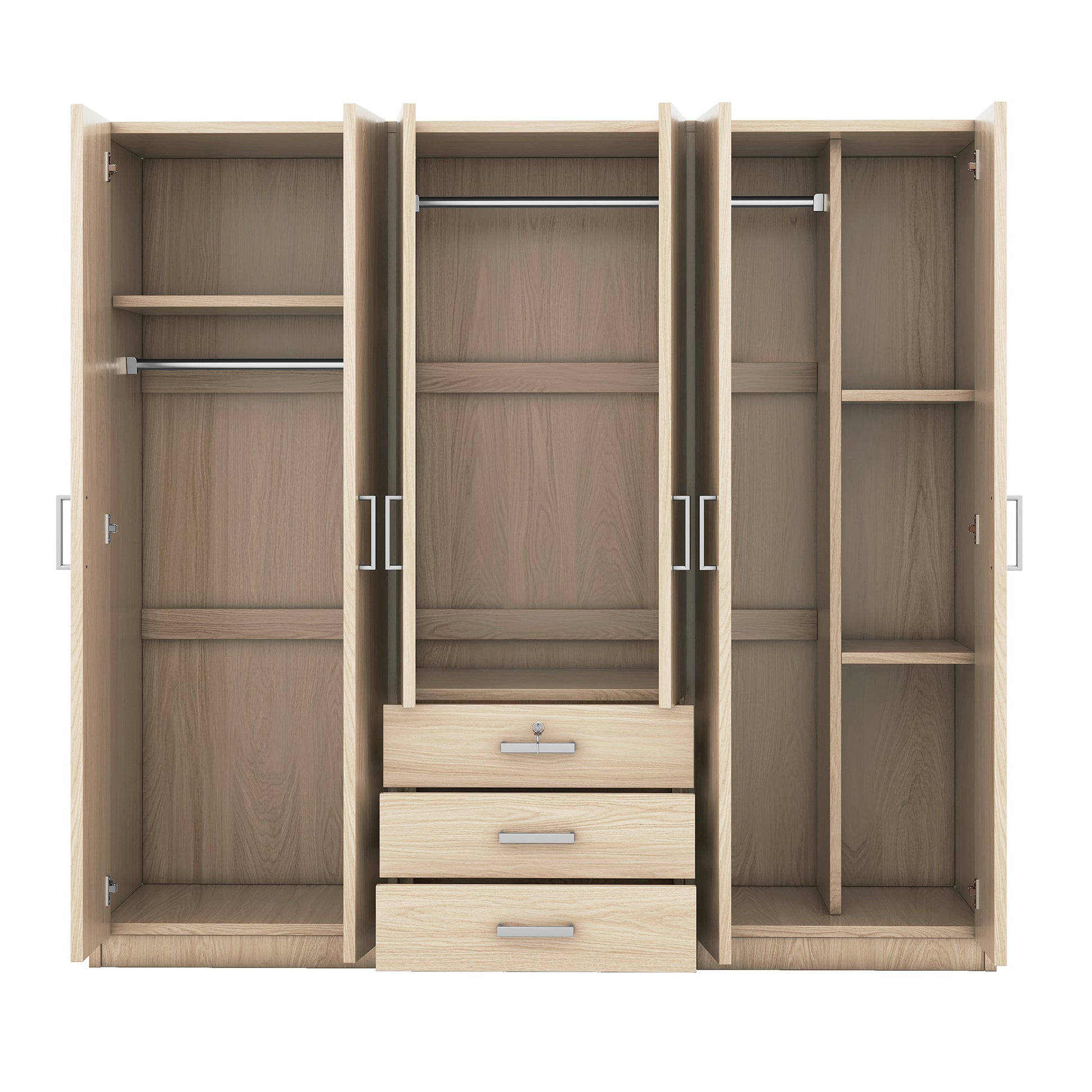 6 Doors Wooden Wardrobe Storage For Bedroom, With Big Drawers, Gray Brown Plywood