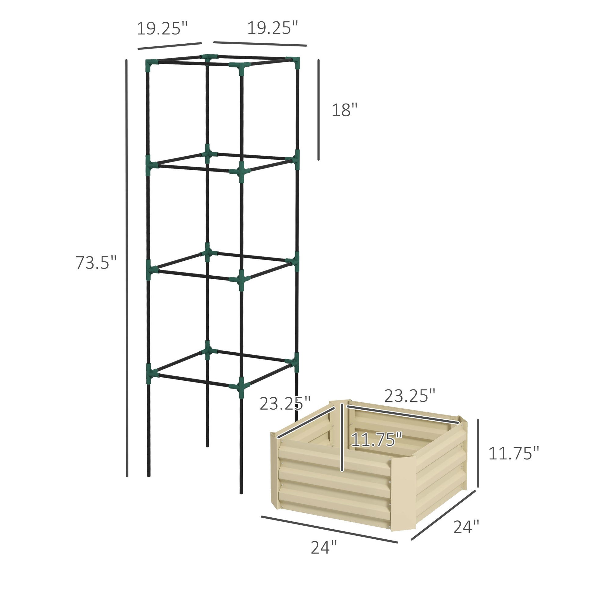 Outsunny Galvanized Raised Garden Bed, 24" X 24" X 11.75" Outdoor Planter Box With Trellis Tomato Cage And Open Bottom For Climbing Vines, Vegetables, Flowers In Backyard, Garden, Patio, Cream White Steel