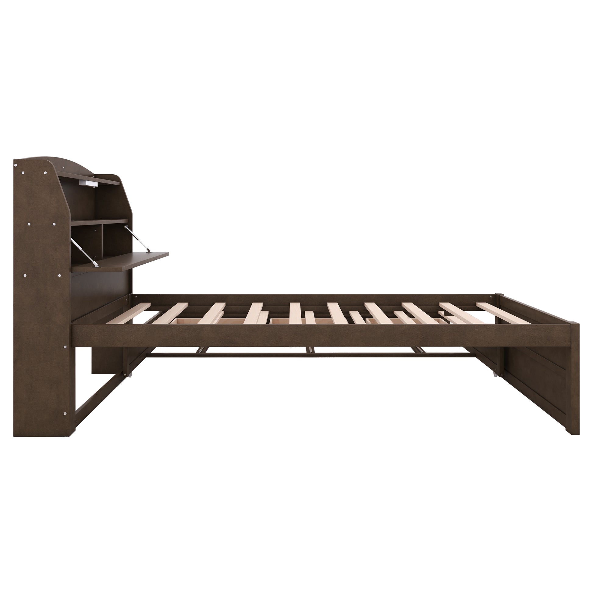 Twin Size Wooden Led Platform Bed With Trundle, With Storage Headboard, With Drawers, Brown Twin Brown Plywood