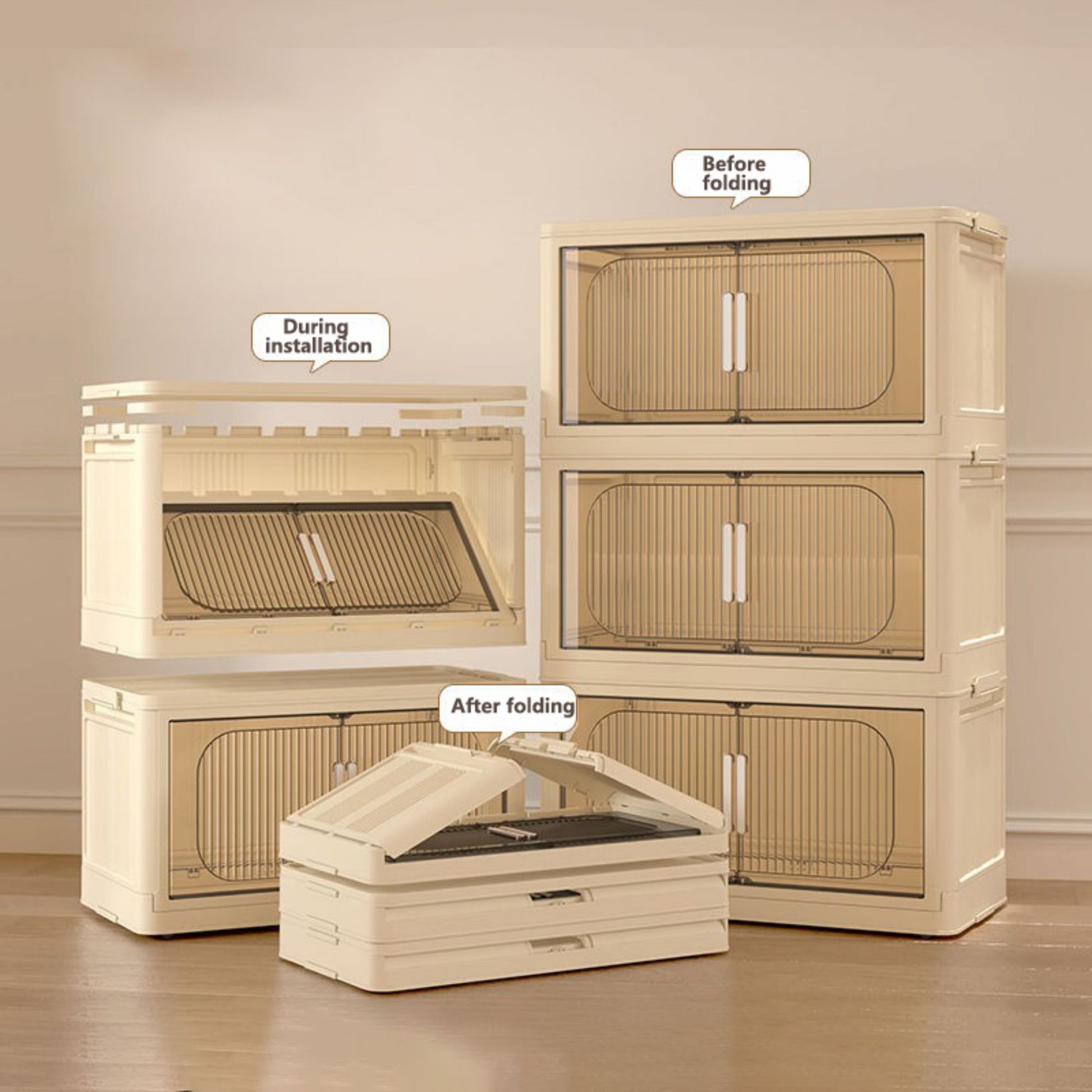 19.69" Side Wide Folding Storage Cabinet ,3 Tiers,19.69" 11.81" 31.1",Collapsible Storage Bins With Magnetic Door, Plastic Storage Cabinet With Wheels, Closet Organizers And Storage Containers Cream