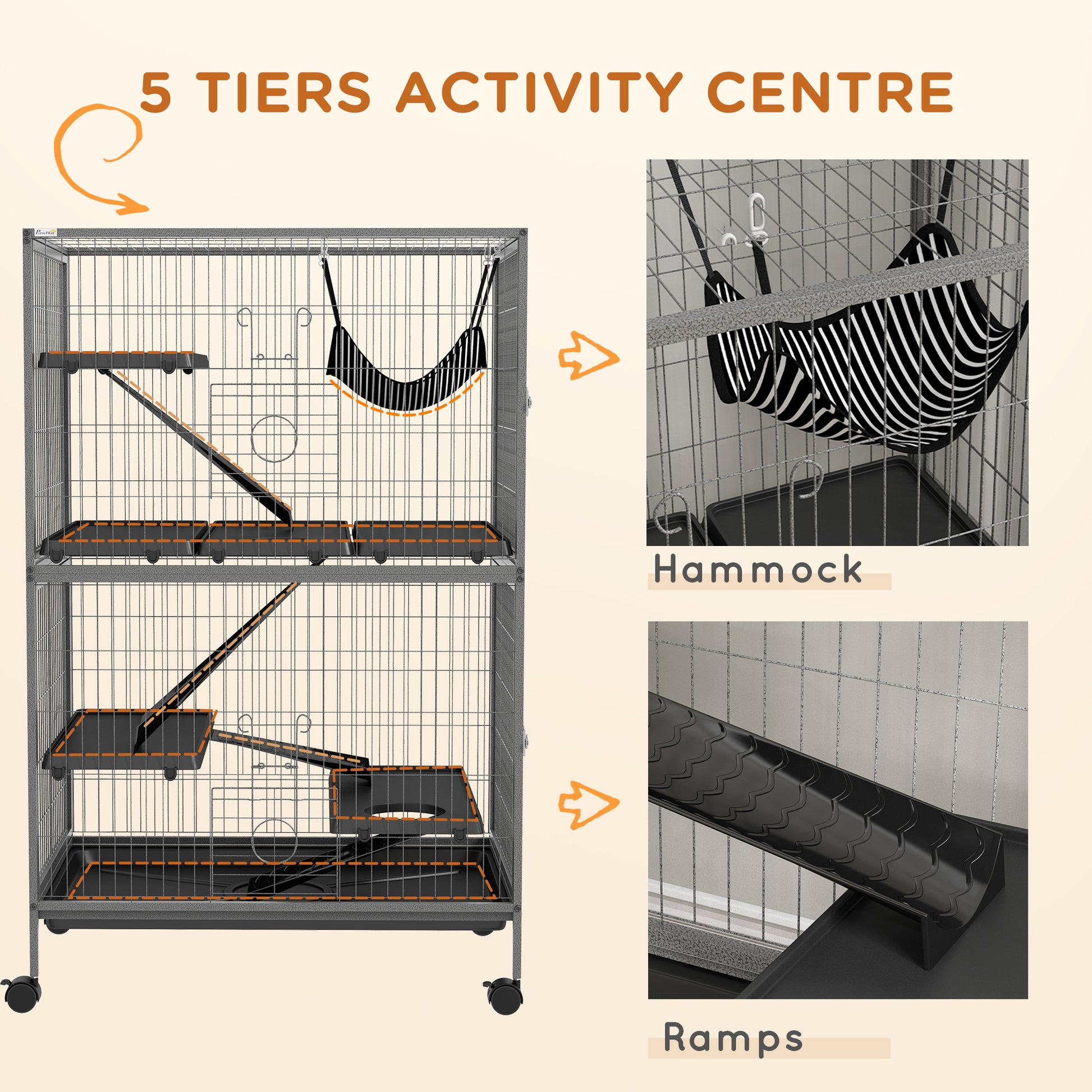 Pawhut 50" 5 Tier Small Animal Cage, Ferret Cage, Large Chinchilla Cage With Hammock Accessory & Heavy Duty Steel Wire, Small Animal Habitat With 4 Doors, Removable Tray, Gray Grey Steel